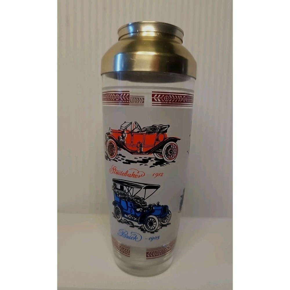 Vintage MCM Hazel Atlas Glass Cocktail Shaker with Various Cars